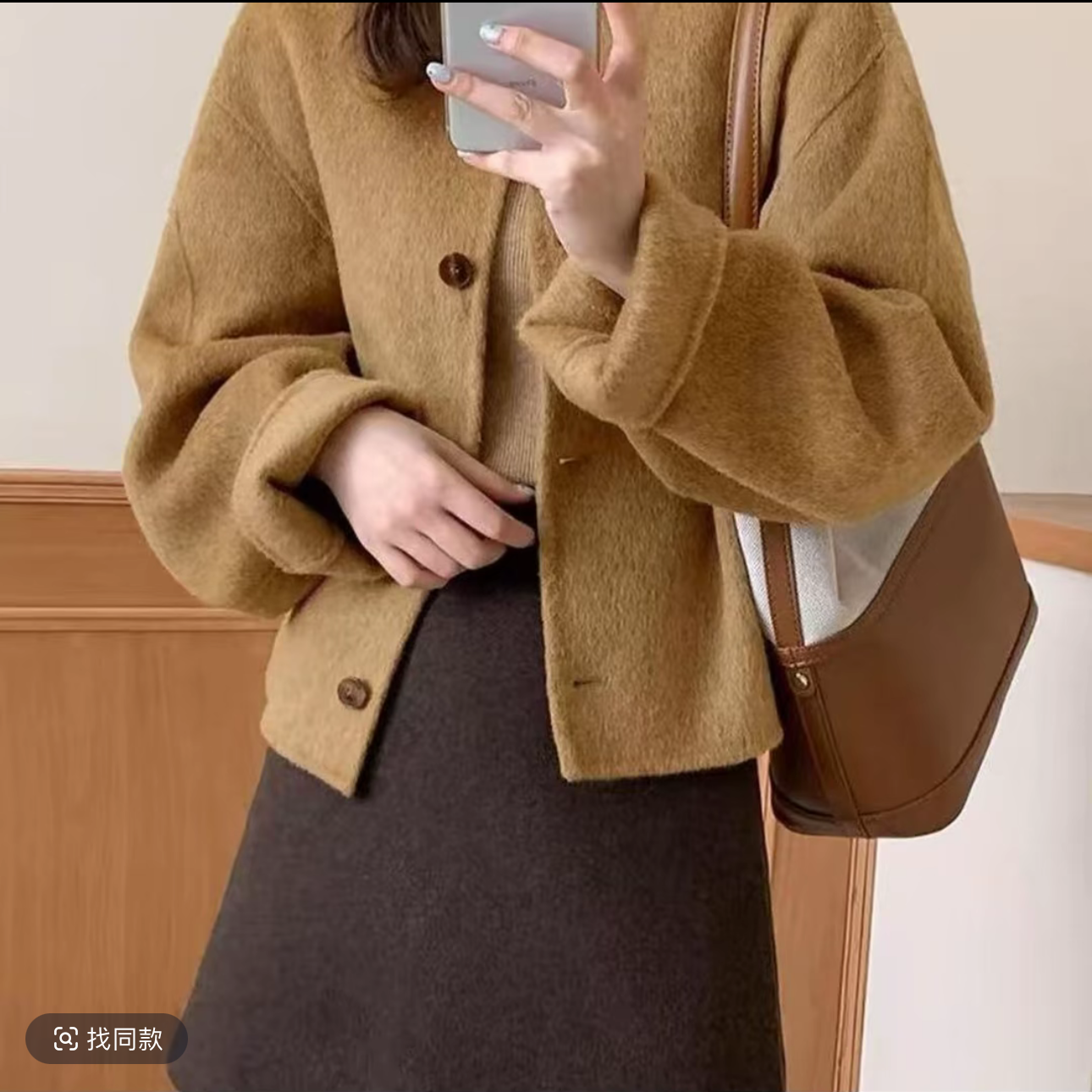 毛呢外套小香风秋冬圆领宽松大衣双面短款女装西装