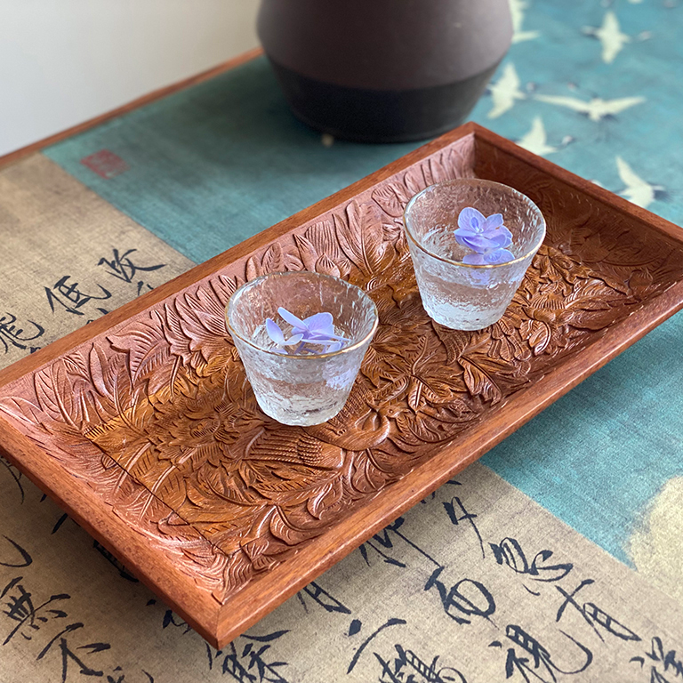 DZ1421M22牡丹孔雀纹长方盘果盘木盘 花酸枝 323×170×42mm