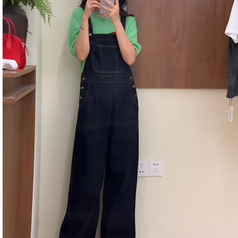 婳婳同款秋季薄款蓝黑怀旧牛仔背带裤女显瘦阔腿遮肉减龄