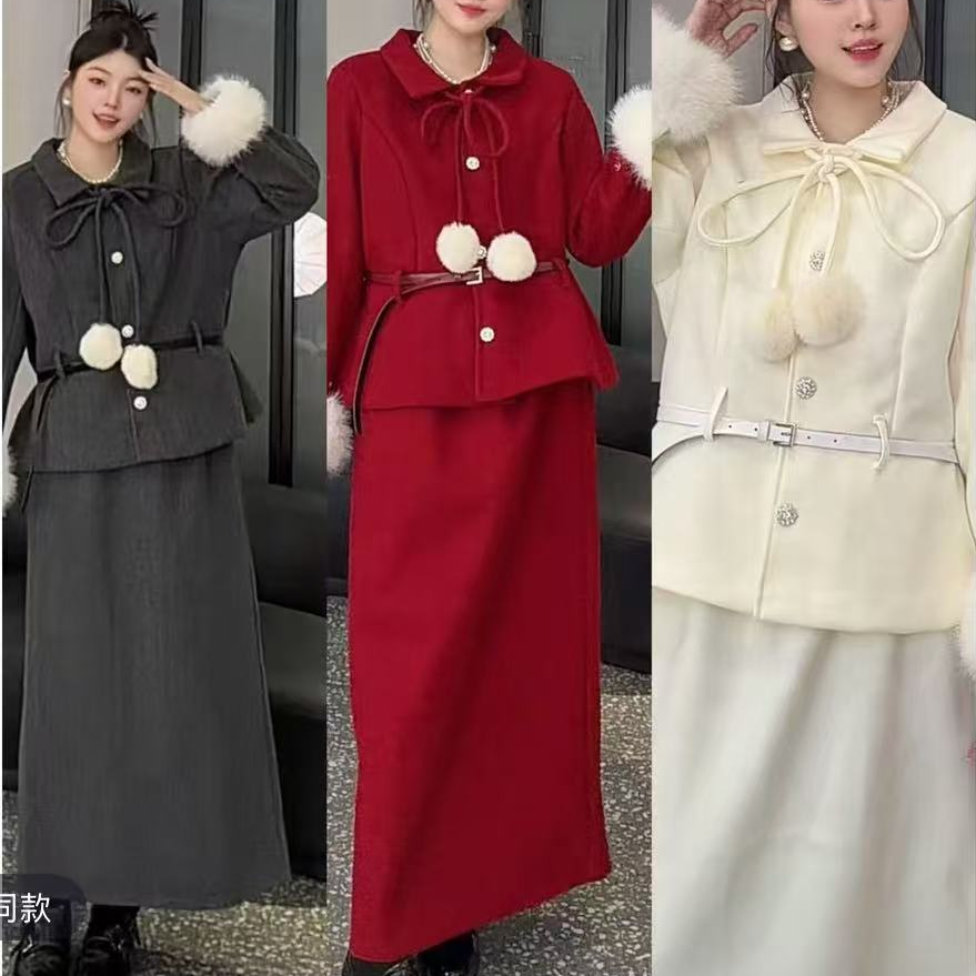 冬季新款毛球显瘦气质百搭小香风加棉腰带收腰大码女装两件套