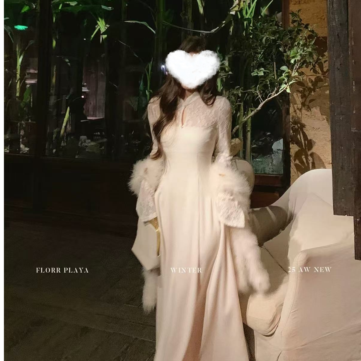 珠世小姐 冬季新中式蕾丝拼接针织连衣裙女