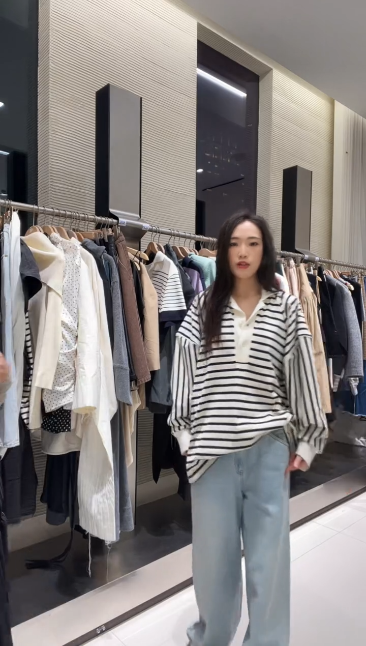 MAYALI条纹针织螺纹长袖Polo衫XS M L