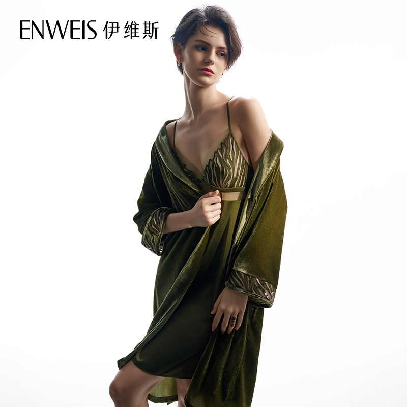 伊维斯翻领长袖睡袍100%桑蚕丝V领蕾丝睡衣秋冬丝绸舒适家居服