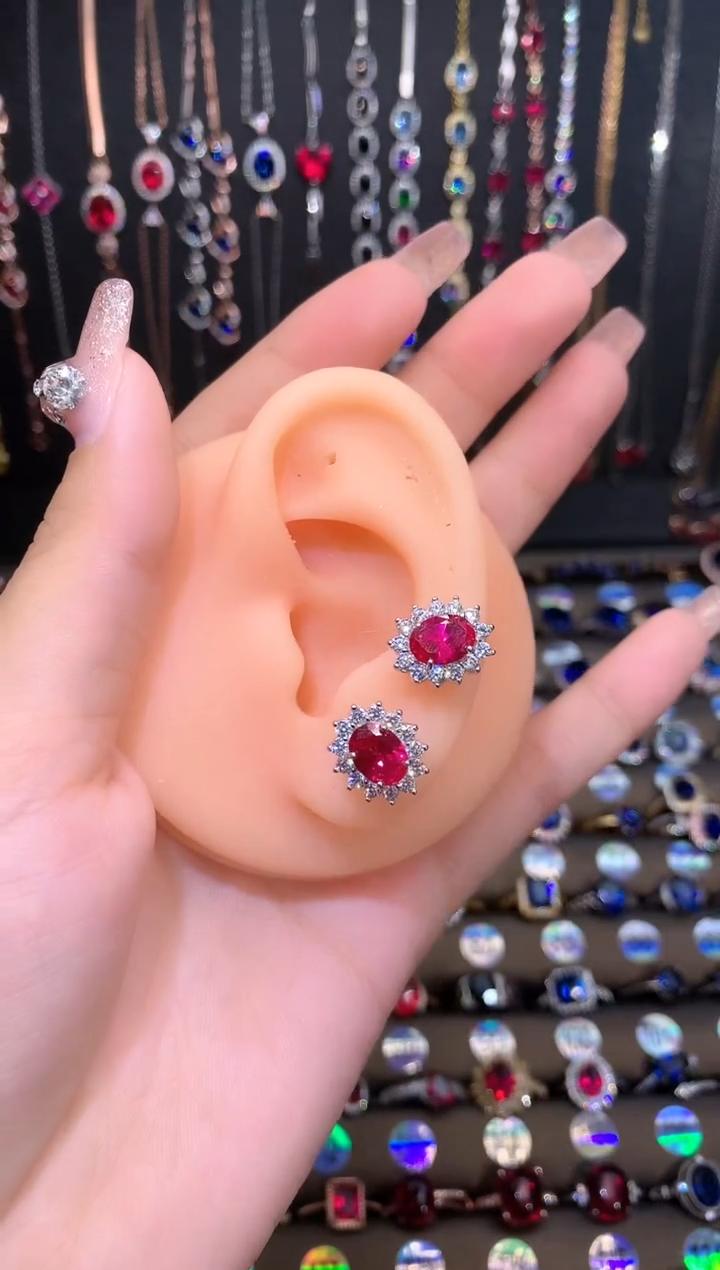 耳饰银S925镶嵌红宝石银色68