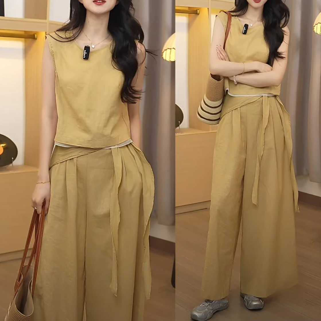 新款夏季亚麻老钱风时尚套装阔腿裤减龄背心高腰系带宽松休闲