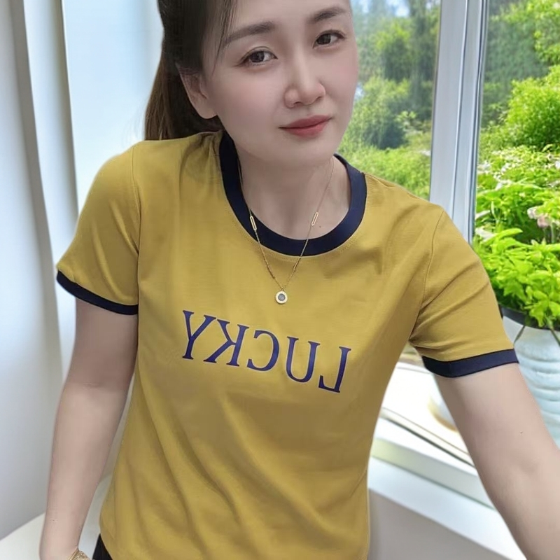 《丽丽家》欧美时尚短袖t恤圆领女纯棉洋气百搭宽松美式修身上衣女