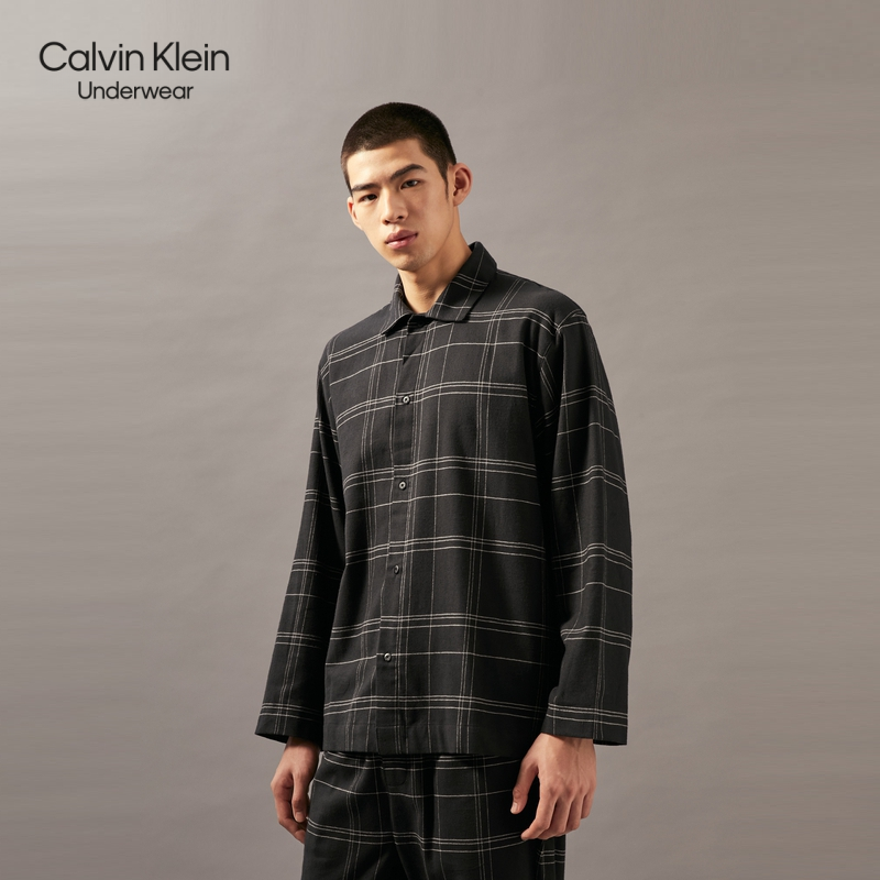 CK内衣春秋男士纯棉休闲纽扣翻领舒适法兰绒格子家居睡衣NM2696