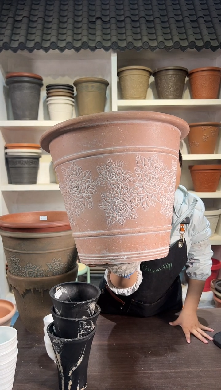 38*31/MD38【孤品】浅粉刷白浮雕大花盆外贸尾单