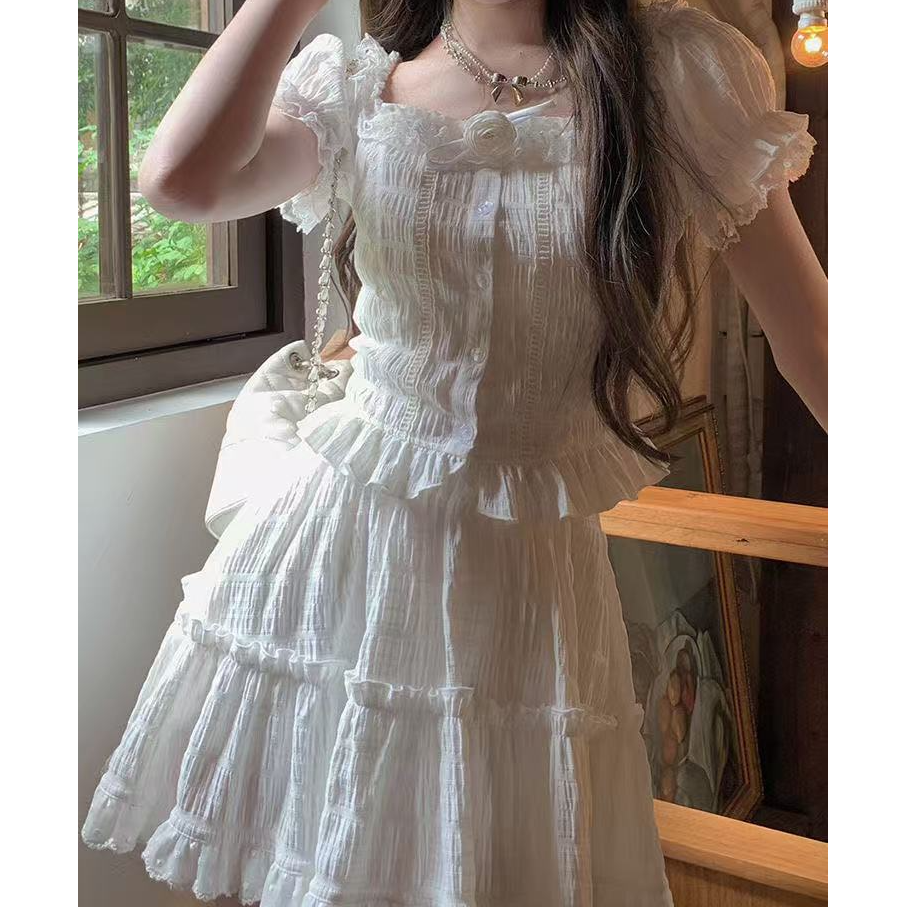 【栀子白茶】白色蕾丝方领高级感上衣+蓬蓬半裙套装女夏季新款