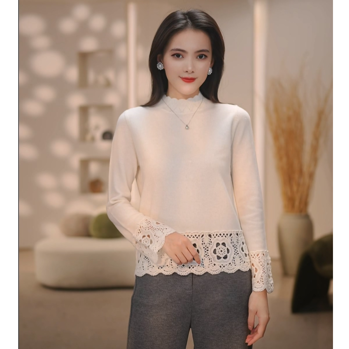 【小杨专属】重工钩花花朵秋冬新款羊绒羊毛半高领针织气质上衣女