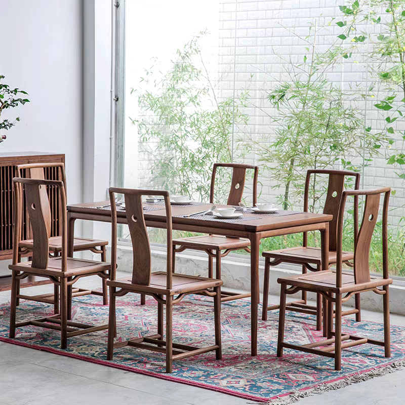 新中式实木餐桌椅组合黑胡桃木餐厅家具禅意长方形6人餐桌全实木