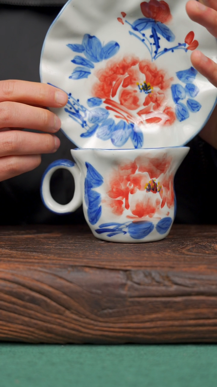 【闪购商品】瓷片景德镇杯釉下手工手绘瓷器 牡丹咖啡杯