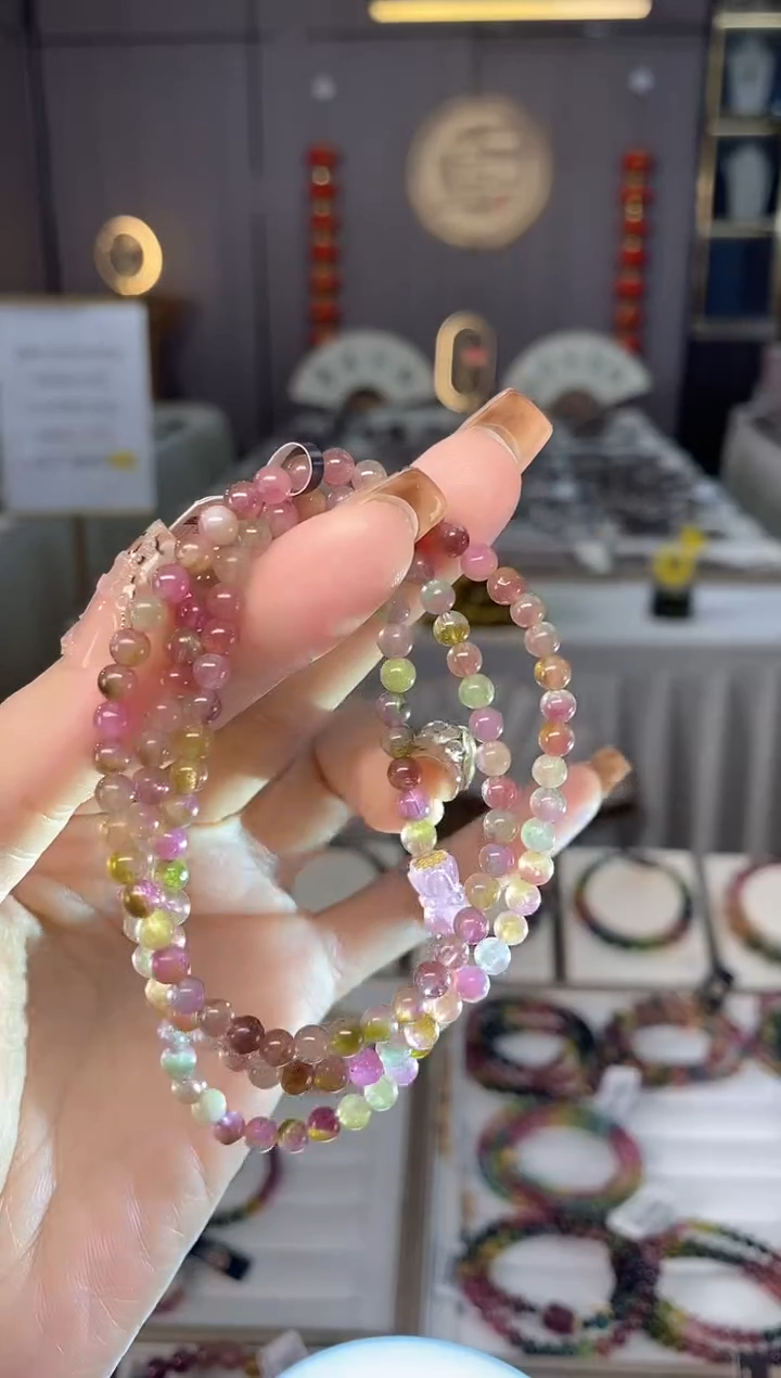 未镶嵌老矿碧玺西瓜三圈手串4mm+碧玺dan多样性发货一条