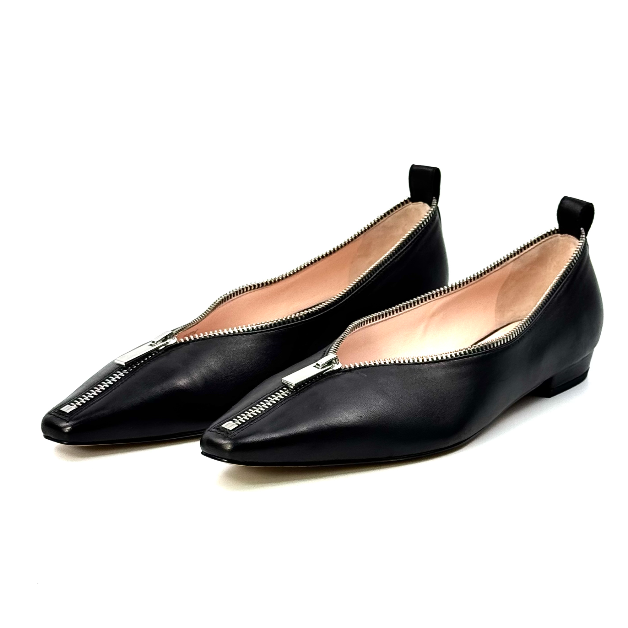 真皮纯手工鞋拉链单鞋设计感复古风尖头平底鞋通勤女鞋769-05