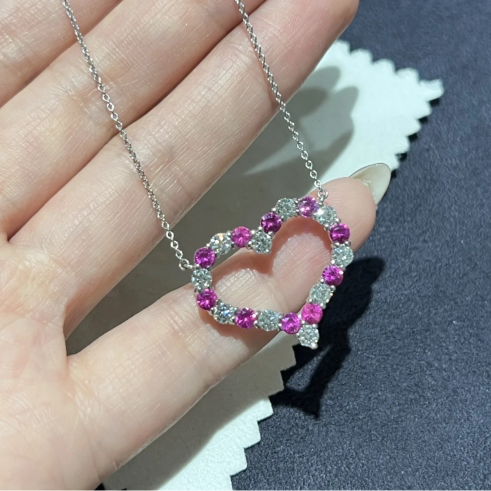 99新 Tiffany & Co./蒂芙尼 小花6欢 爱心 大号 白金粉钻满钻项链