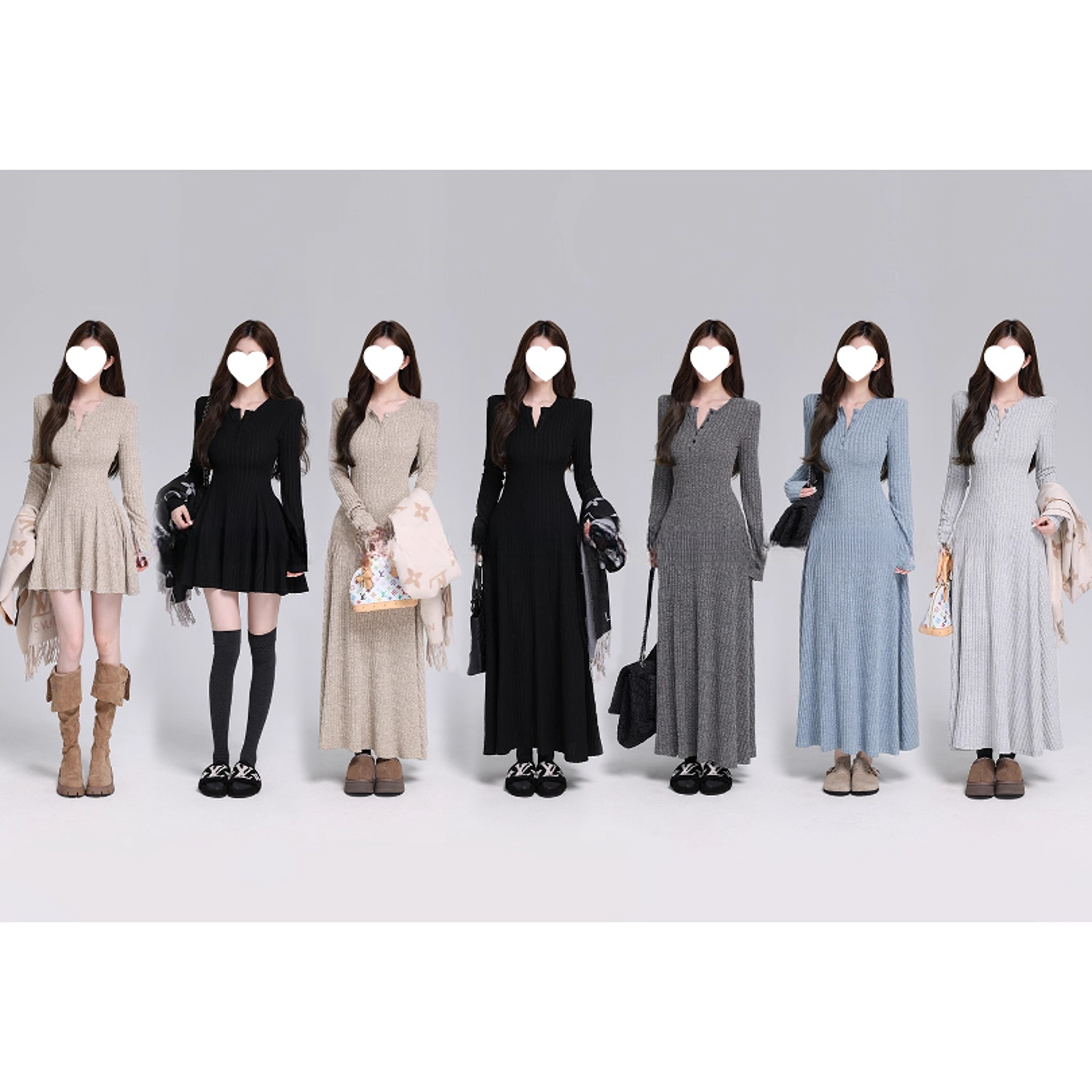 韩漫天菜【原版面料+垫肩】磨毛坑条针织连衣裙气质收腰款6-8元运补