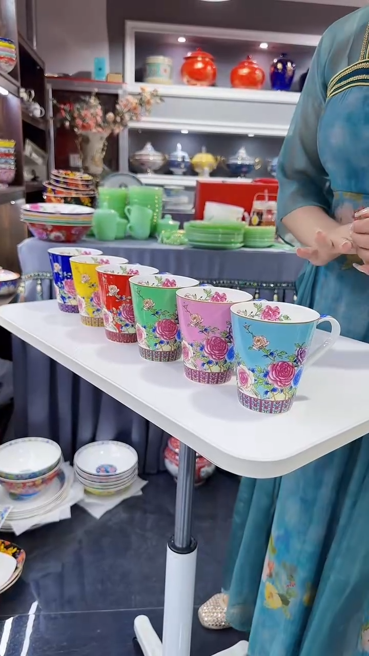 瓷片牡丹花卉杯子6只装景德镇陶瓷