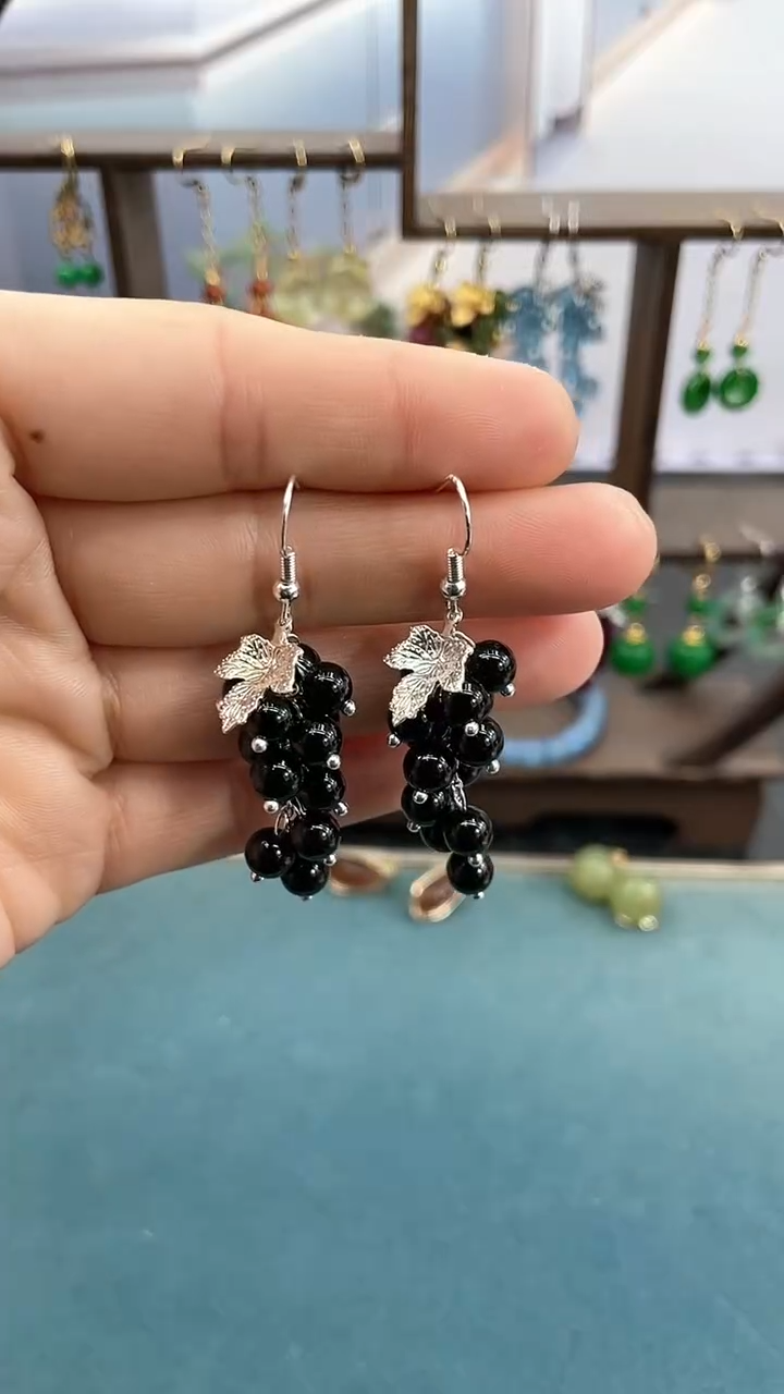 银S925镶嵌耳饰黑色碧玺6mm黑色葡萄