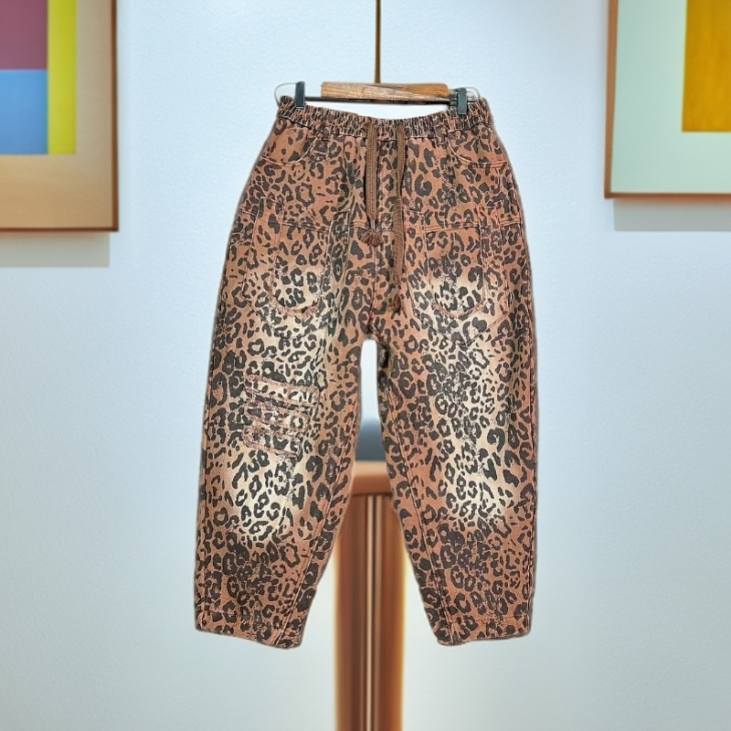 2025秋冬款时尚百搭加绒双紧腰牛仔休闲裤卡色豹纹哈伦牛仔裤 女