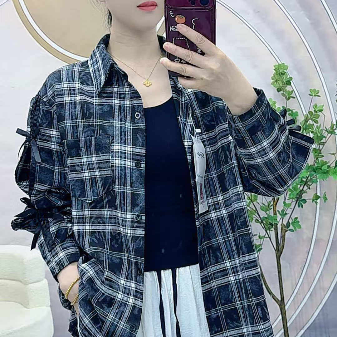 C675款侧边蝴蝶结复古格子衬衣外搭