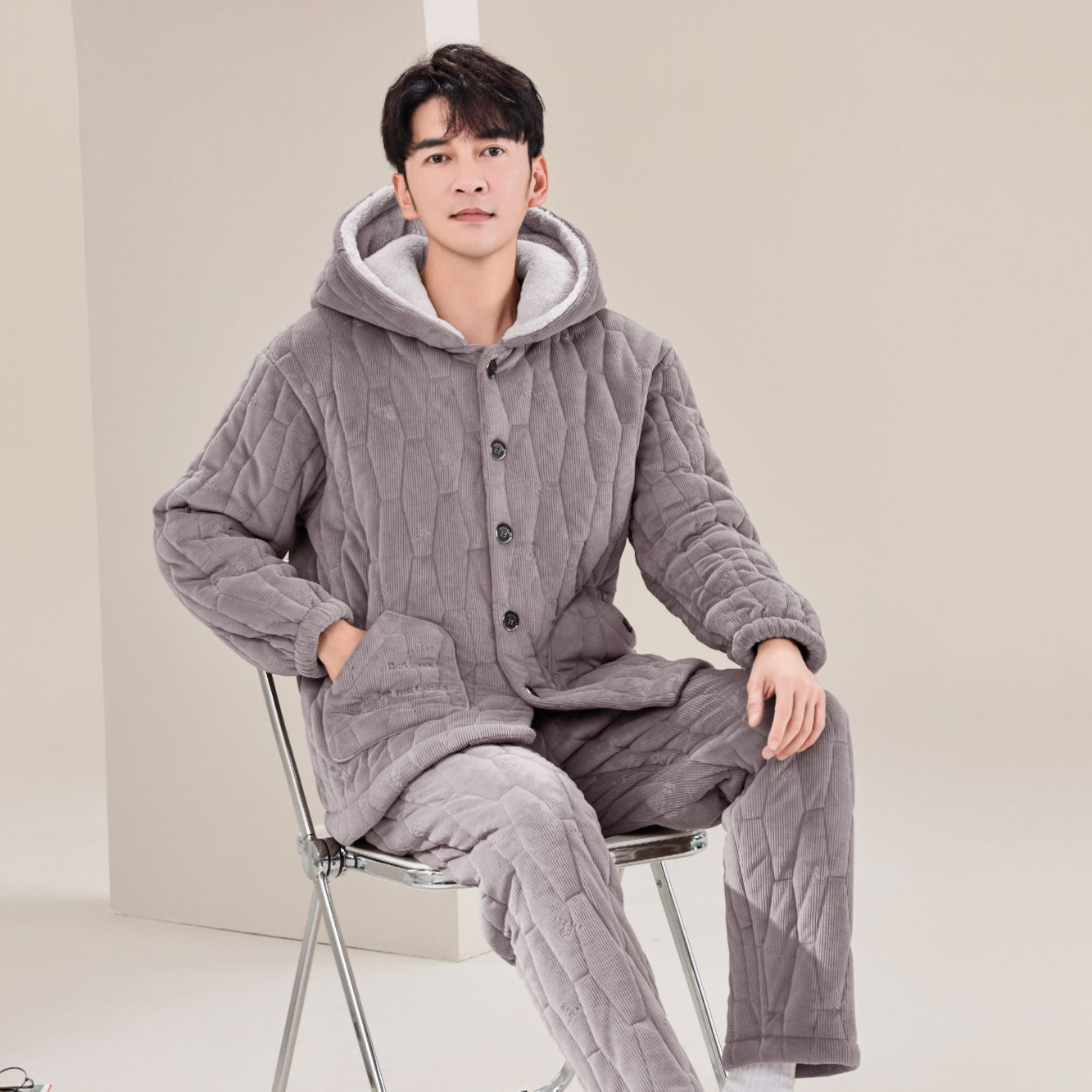 【品牌高货清仓】冬季男士睡衣加绒加厚保暖三层夹棉袄时尚新款