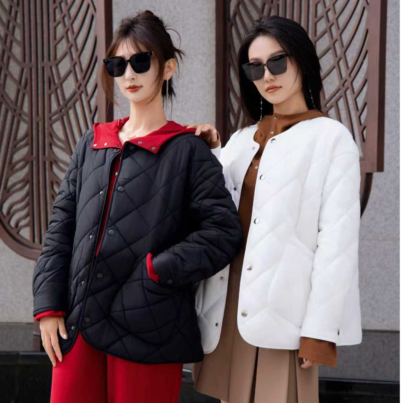 阿玛施AMASS【绗缝新雪丽棉服】秋冬宽松休闲圆领菱格棉服5400730