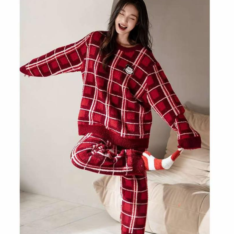 【仓库现货】半边绒冬季加绒款红格家居服套装F60326-Z