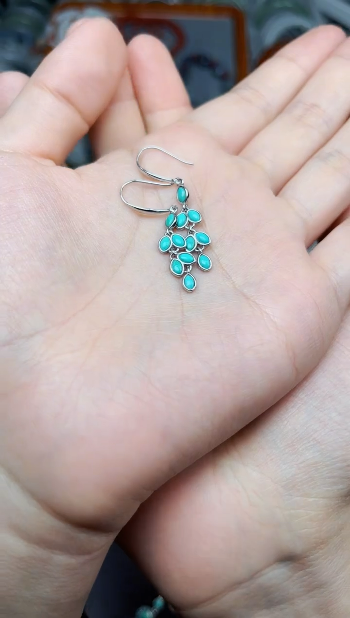 银S925镶嵌绿松石耳饰金枝玉叶耳钩06