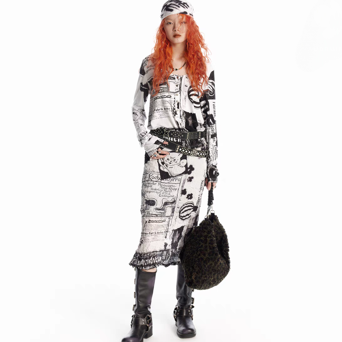 【奥莉】2025春夏：设计感黑白印花抓皱半裙手绘压褶修身半身裙938