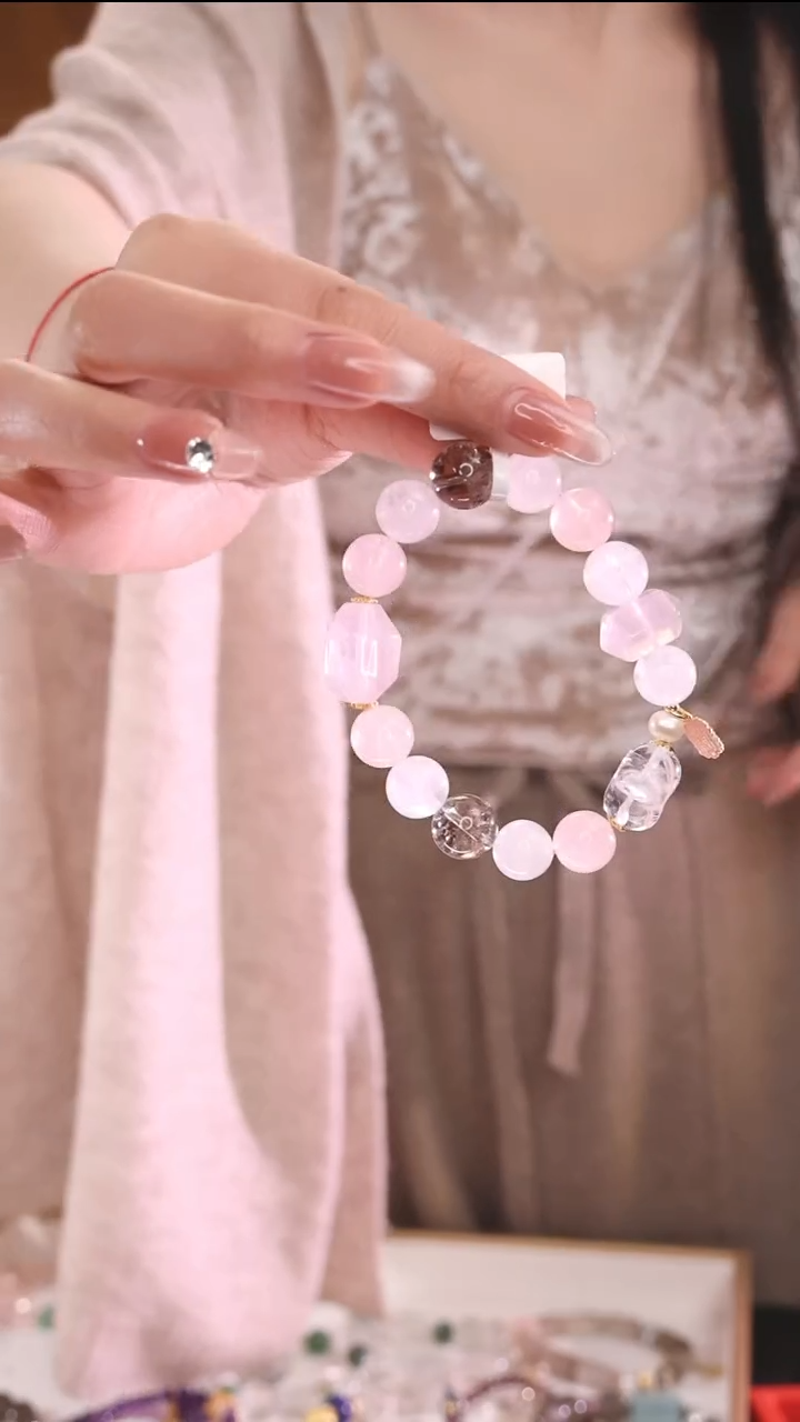 【闪购商品】水晶手链银S800镀金镶嵌粉水晶手链