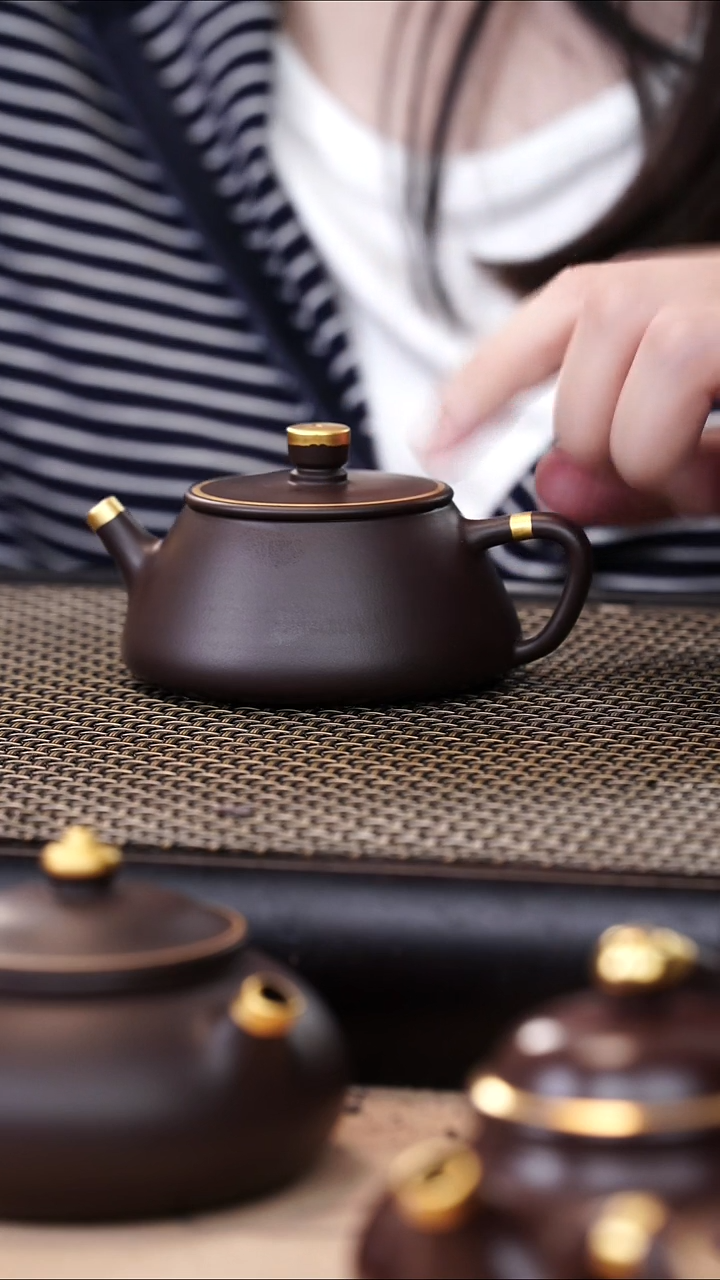 茶壶紫砂四号井茄皮紫泥描金平盖石瓢120cc