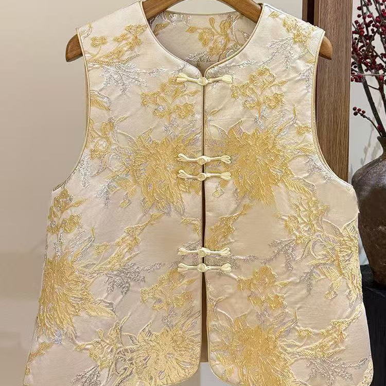 （金牡丹）新中式国风复古女款刺绣圆领盘扣国风马夹新款夏季马甲