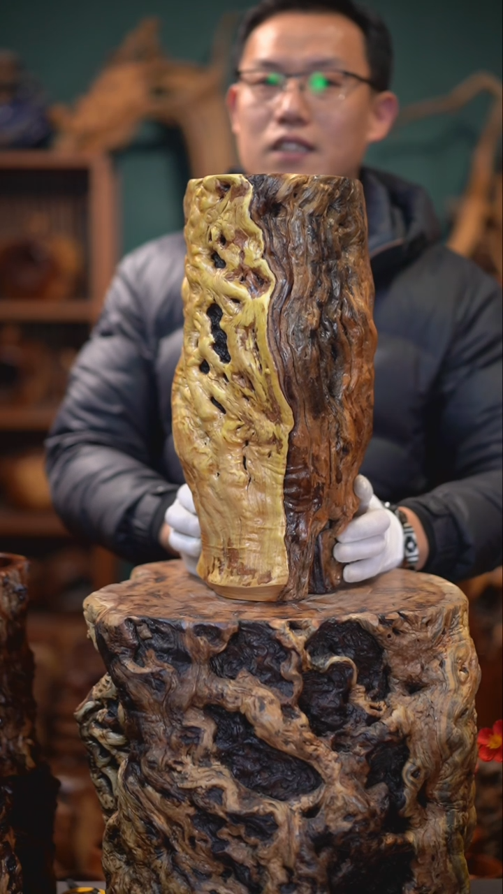 【闪购商品】枣木雷击枣木龙纹广口瓶