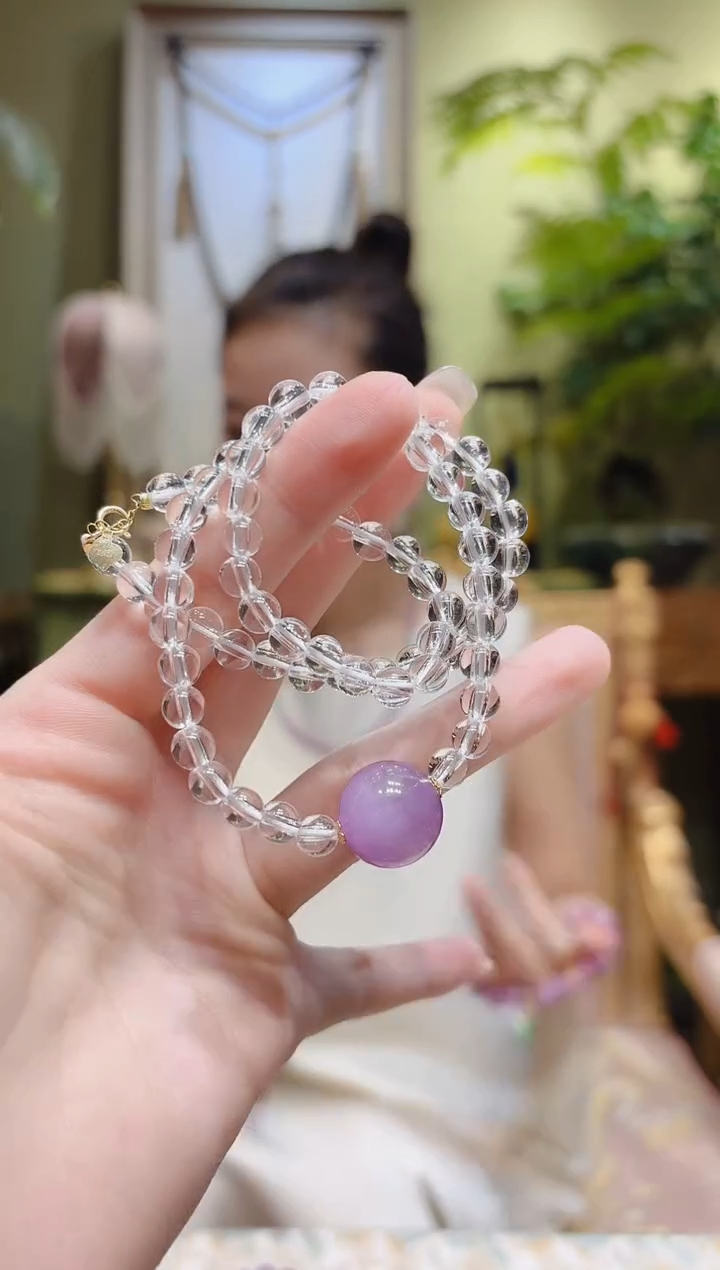 【闪购商品】水晶项链18K金镶嵌紫锂辉顶珠白水晶项链