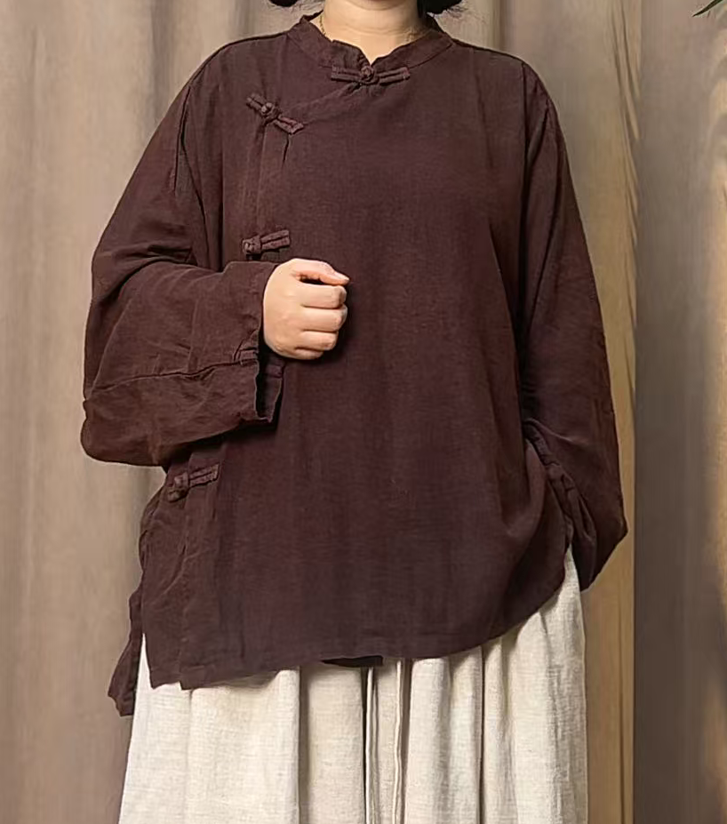 【赢麻原创】复古亚麻炒色斜襟盘扣上衣