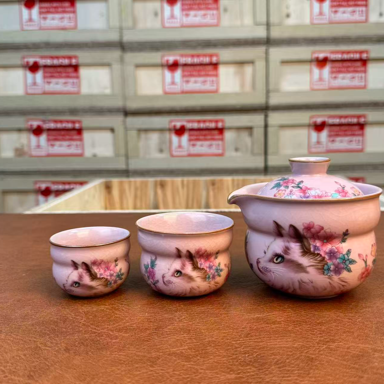 粉汝花猫陶瓷旅行茶具5959