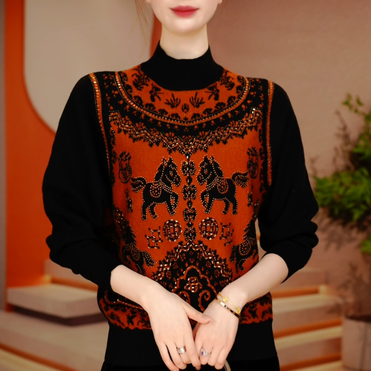 W260061-秋冬新款抗起球针织羊毛衫减龄洋气宽松女士气质时尚