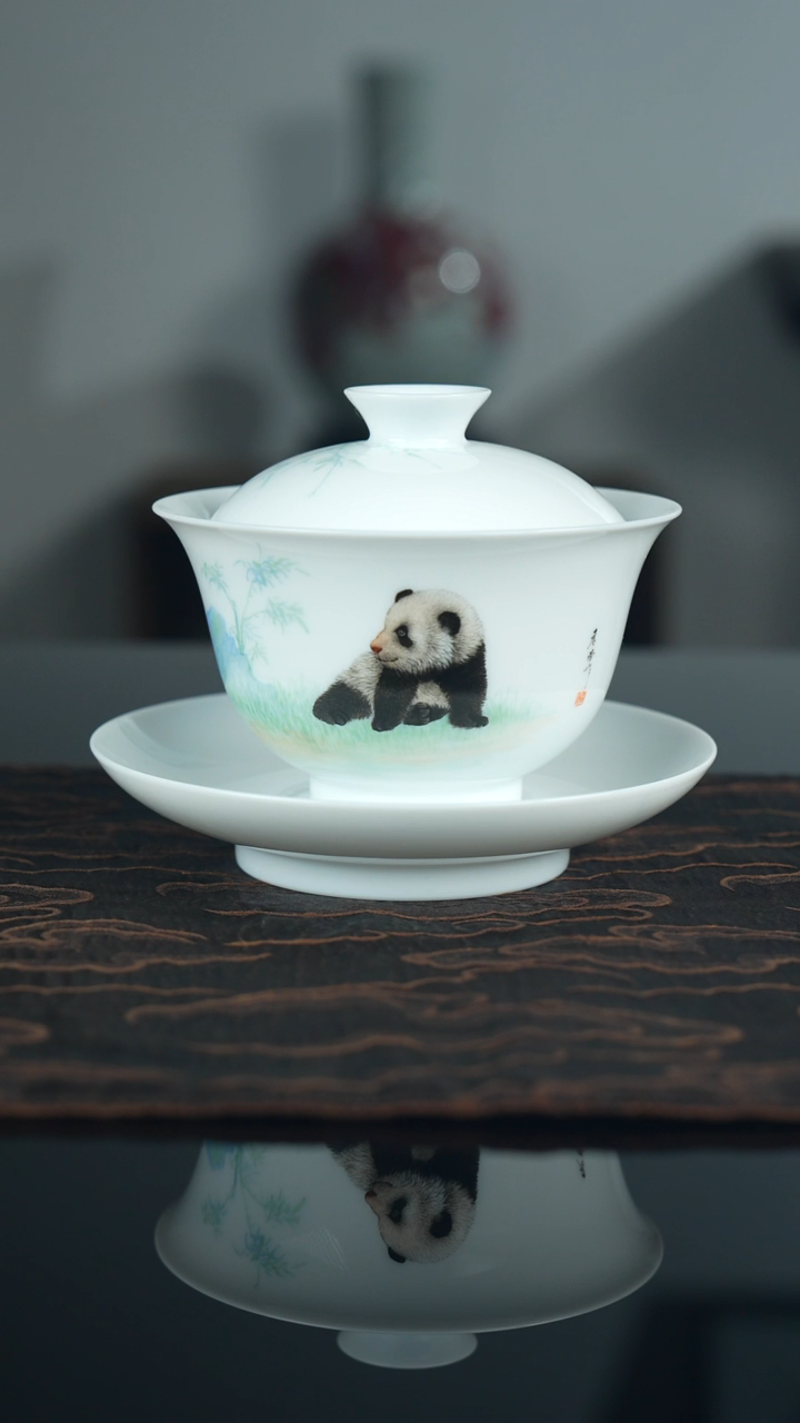 瓷片一*《熊猫》三才盖碗