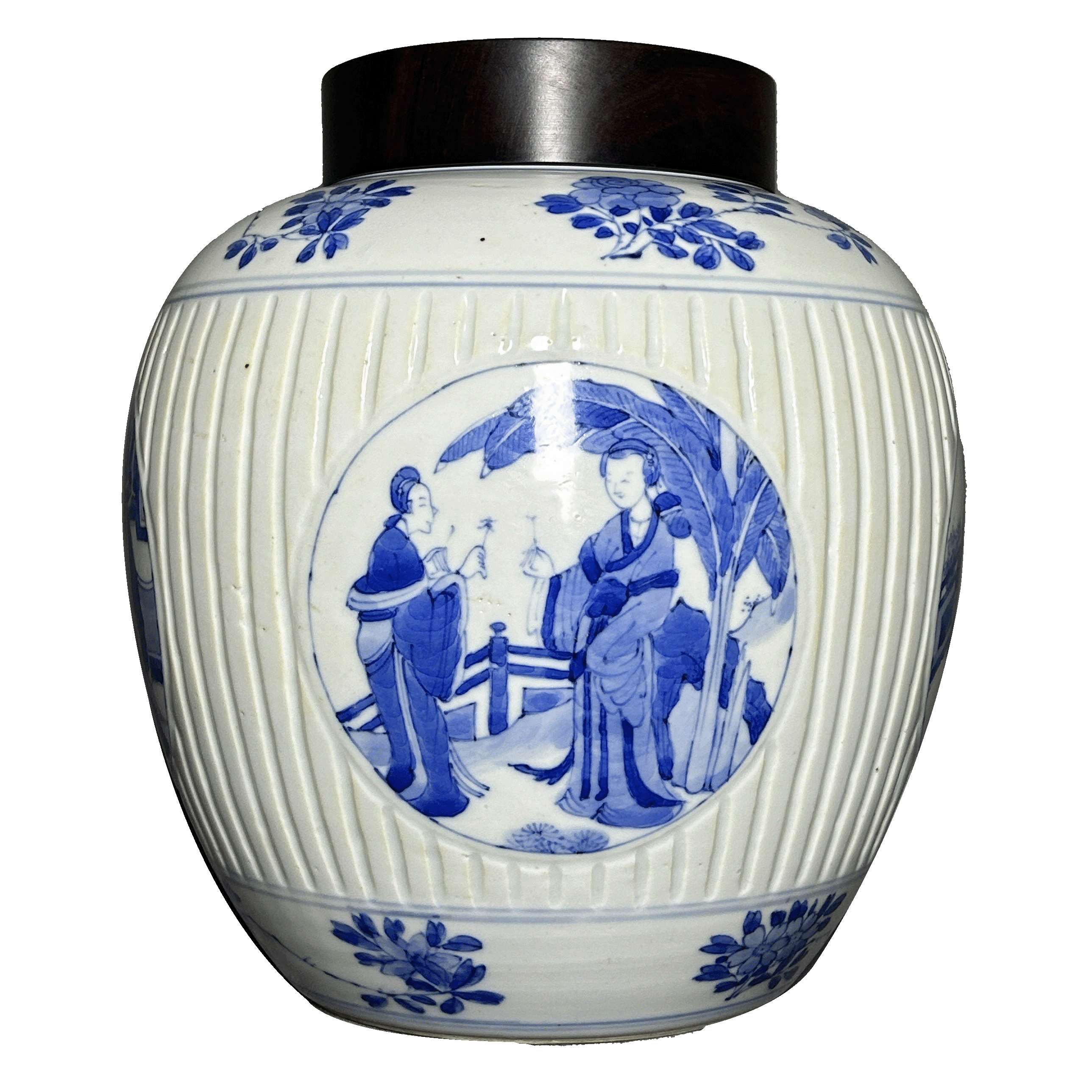 lot1423青花开窗仕女纹罐古董拍卖