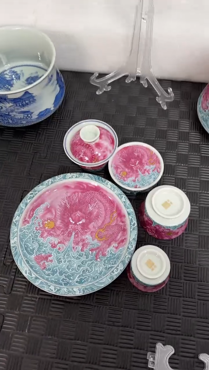 盖碗瓷C****h景德镇陶瓷茶具粉龙龙吸水套组