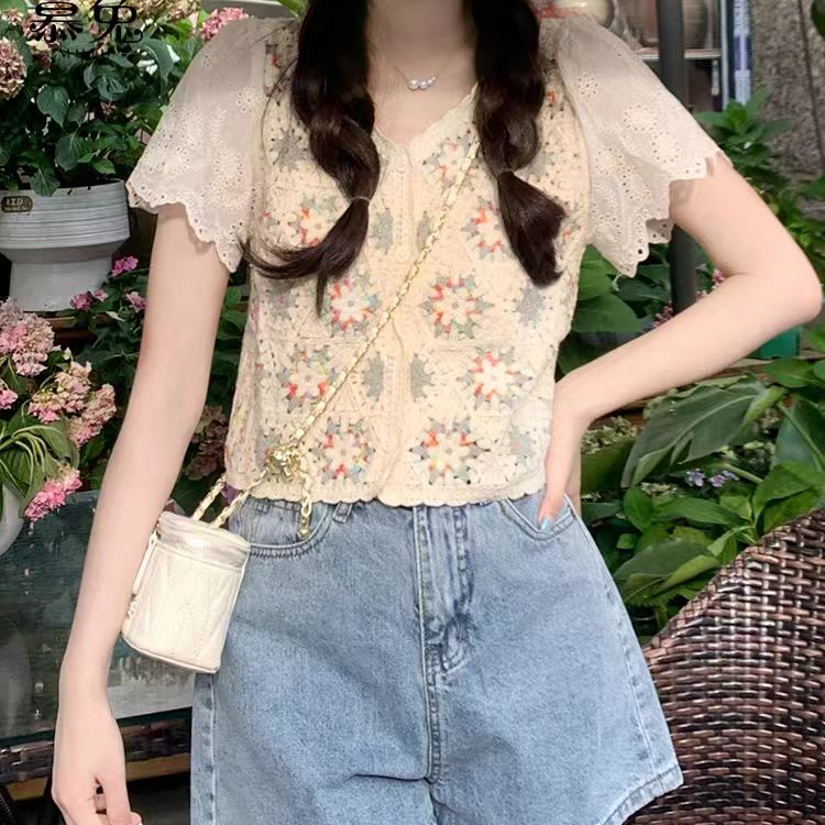 【401-500】2025新款显瘦百搭上衣休闲夏季小众牛仔蕾丝时尚短款