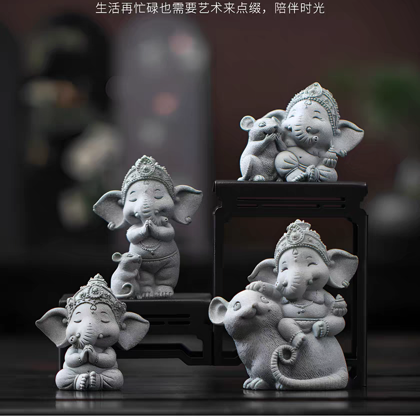 青砂石国潮文创小象摆件桌面礼品装饰茶桌茶宠微景观鱼缸造景装饰