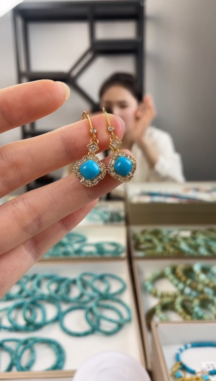 【闪购商品】银S925镶嵌绿松石珠宝奇石美松银镶耳环多样性发一