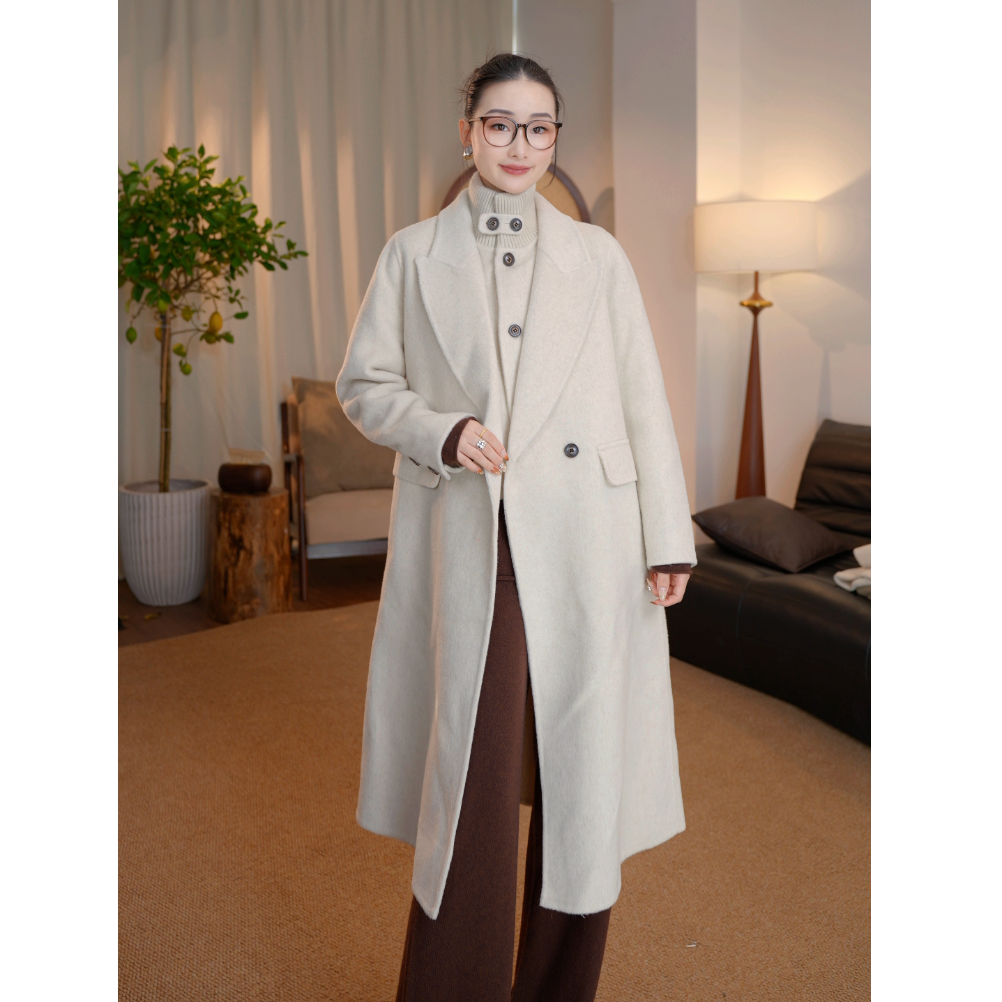 【杨左Monoca】秋冬长款保暖立领轻职风外套中长款翻领两件套A21215