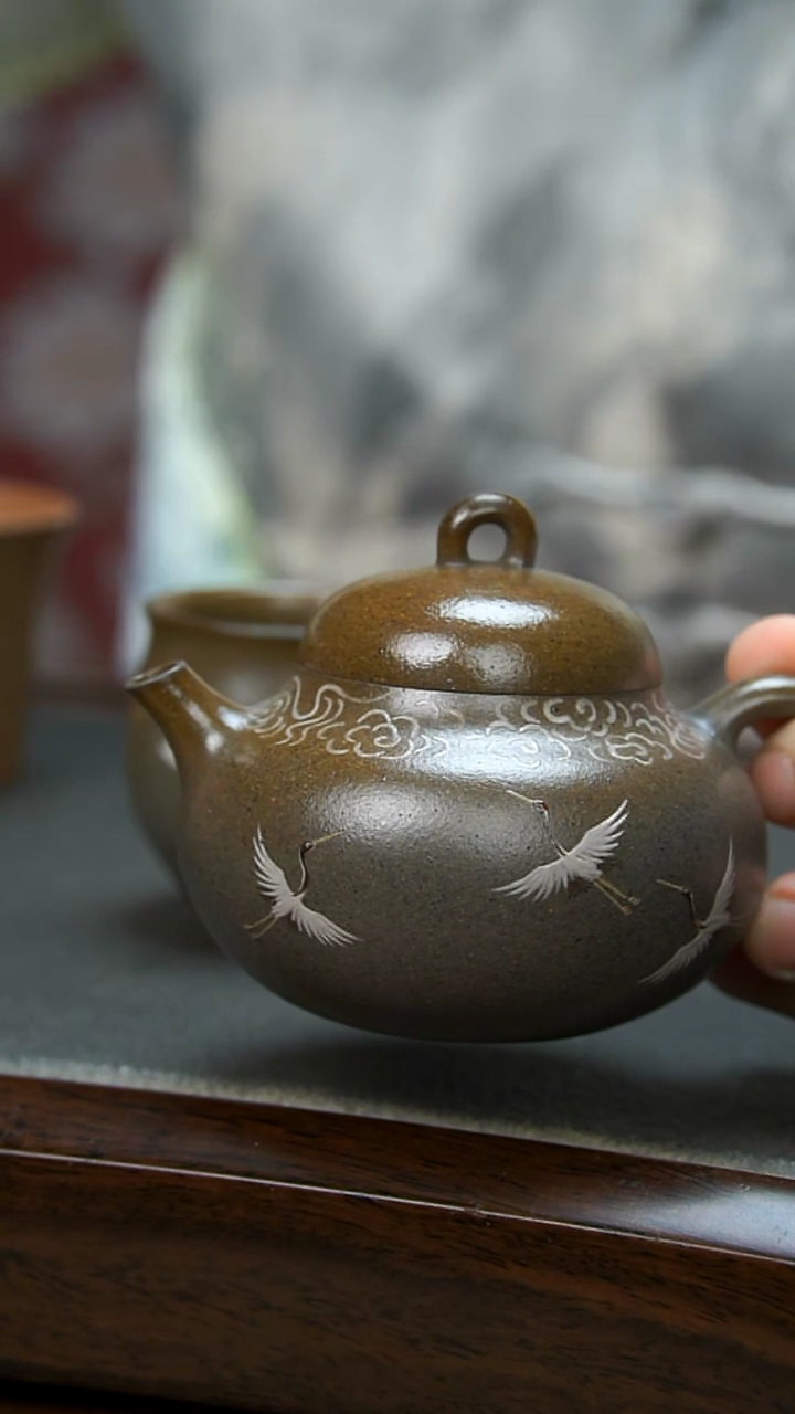 【闪购商品】紫砂茶壶柴烧青色仙鹤壶+杯子