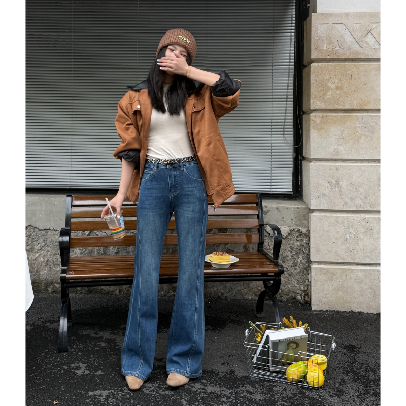 燕苹冬季新款高腰收腹遮胯显瘦加绒加厚百搭垂感微喇牛仔裤HP9376