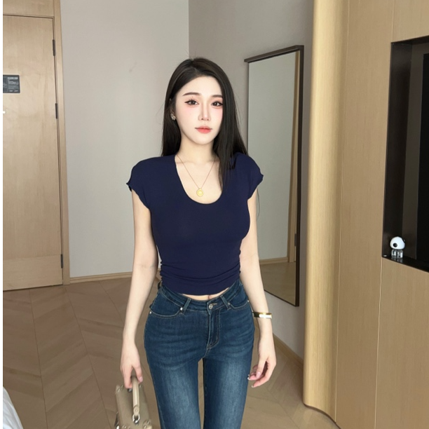 希野逸儿/韩漫身材u领沙漏腰短袖T恤女性感显胸软糯收腰正肩上衣