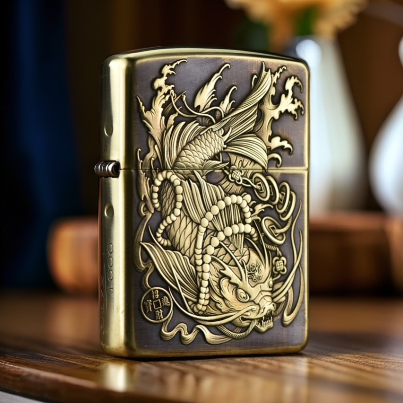 zippo打火机正品黄铜盔甲双色浮雕鱼化龙送男士新年礼物DYJ1
