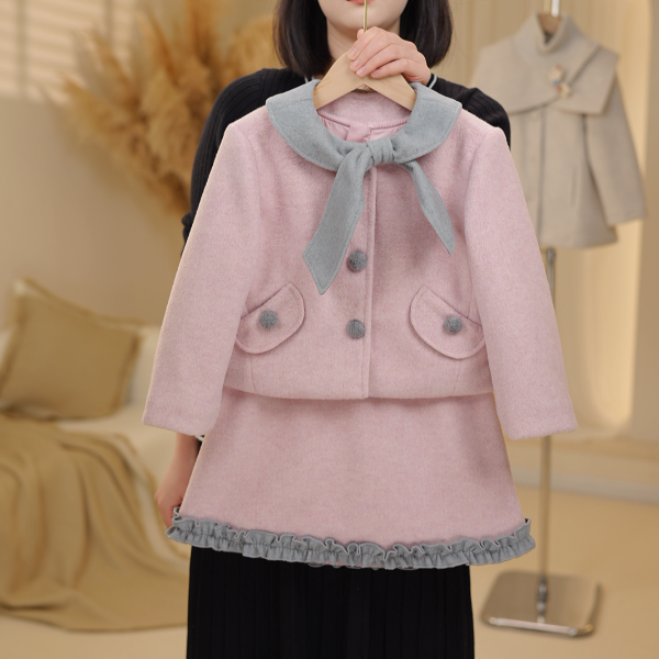 冬季2025新款洋气毛呢韩版中大童加厚中长款背心裙两件套装D036