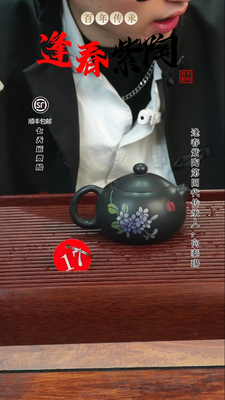 17号逢春紫陶全手工黑色多道刻填西施壶220ml